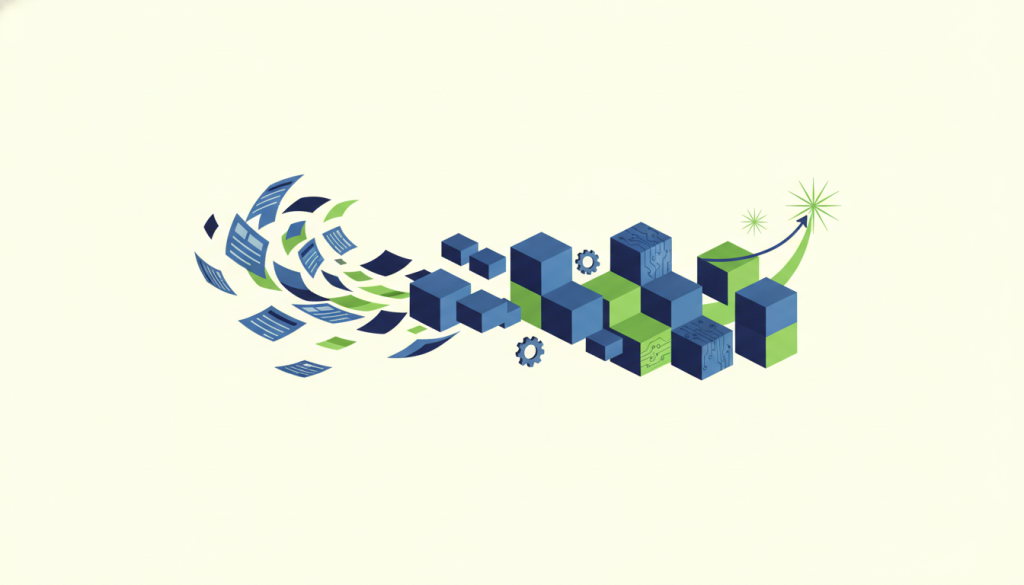 Illustration of documents transforming into organized digital blocks, representing AI-enabled accounting workflows