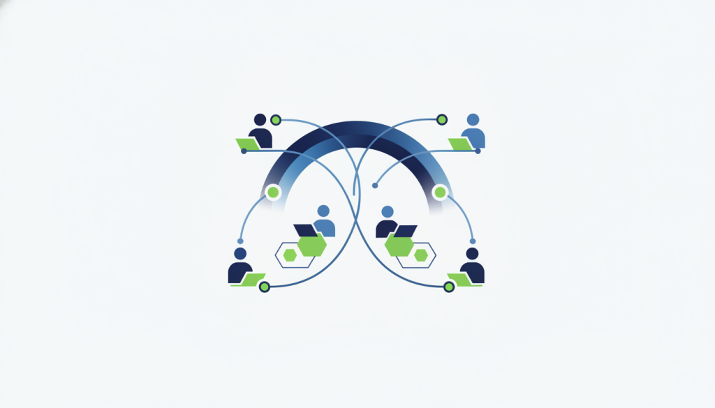 Illustration of professionals connected across linked arcs, representing one seamless global team