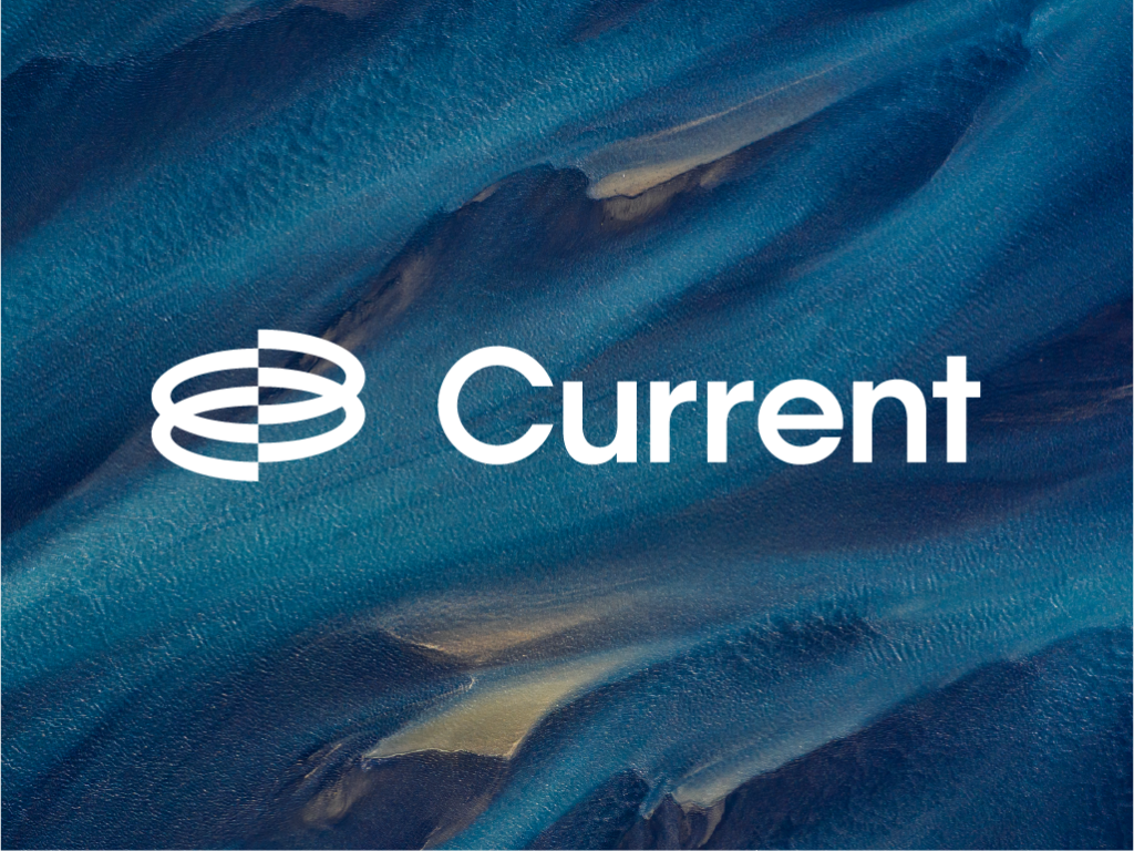Current logo over flowing blue water texture