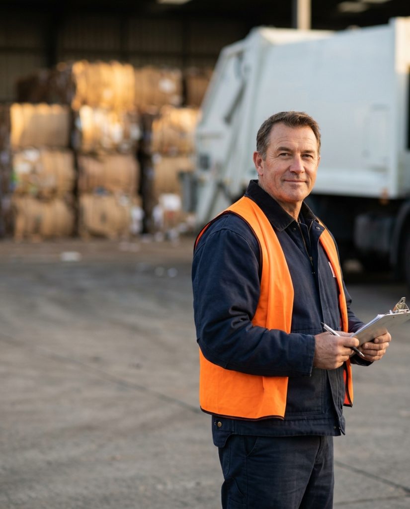 Owner of a waste and recycling company holding a clipboard in a transfer yard, bales and a refuse truck behind