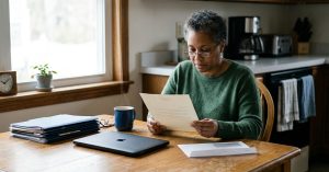 Business owner calmly reading a letter at a kitchen table with tax paperwork in a New Jersey home