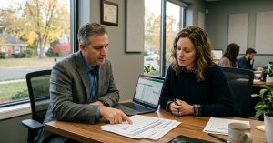 Advisor and business owner reviewing year-end financial figures at a desk in a New Jersey office