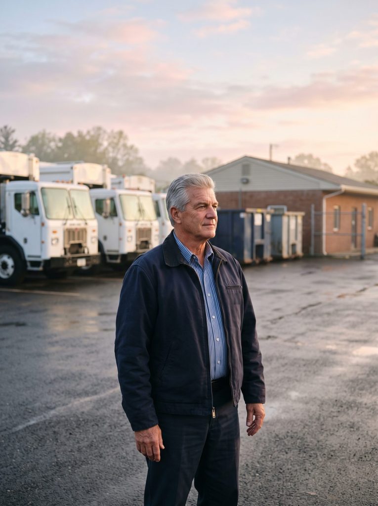 Owner of a New Jersey waste hauling company standing in his truck yard at sunrise, with a row of white refuse trucks and roll-off containers behind him.