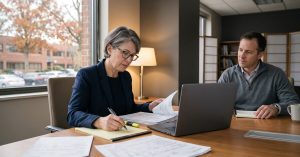 RRBB advisor methodically reviewing stacks of financial records at a conference table in a New Jersey office