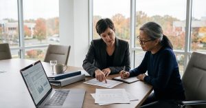 CFO and RRBB advisor reviewing audit preparation schedules in a modern New Jersey office conference room