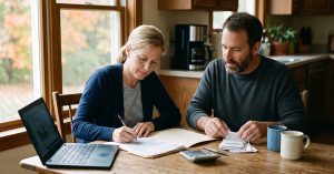 Couple at a New Jersey kitchen table finishing their extended tax return paperwork before the October 15 deadline